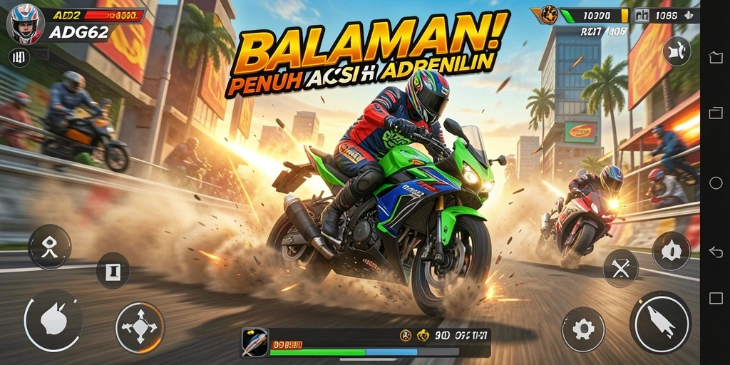 Tampilan gameplay ADG62 yang menegangkan dan penuh aksi balapan motor.