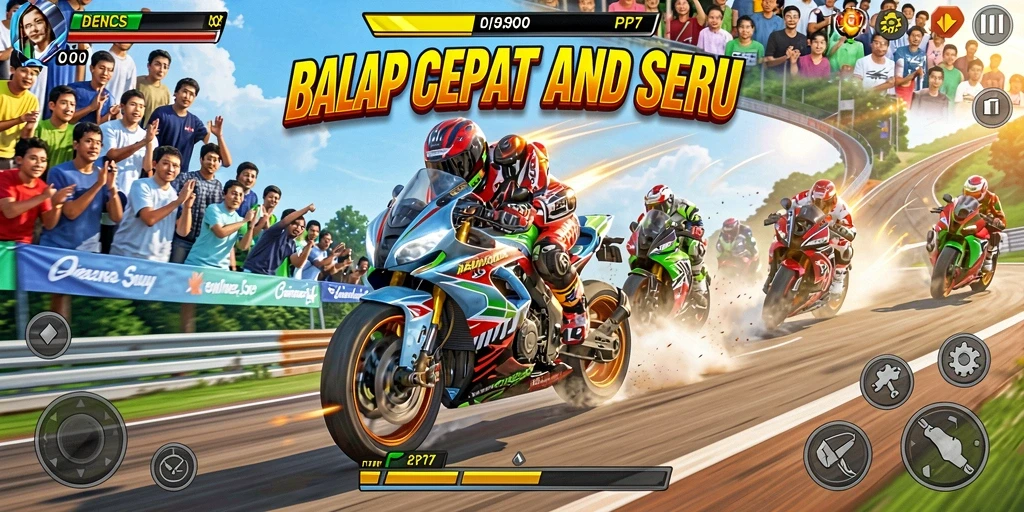 Tangkapan layar utama gameplay PP7 menampilkan aksi balap mendebarkan.