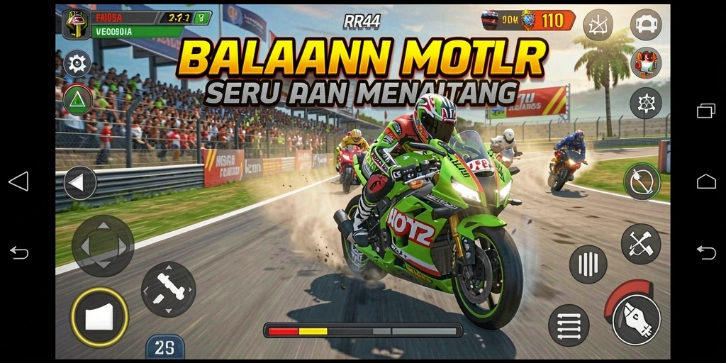 Gameplay seru di RR44 dengan berbagai trek dan motor.