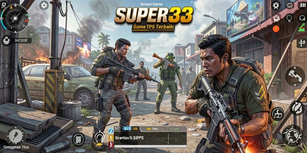 Screenshot gameplay SUPER33 menampilkan aksi pertempuran yang mendebarkan.