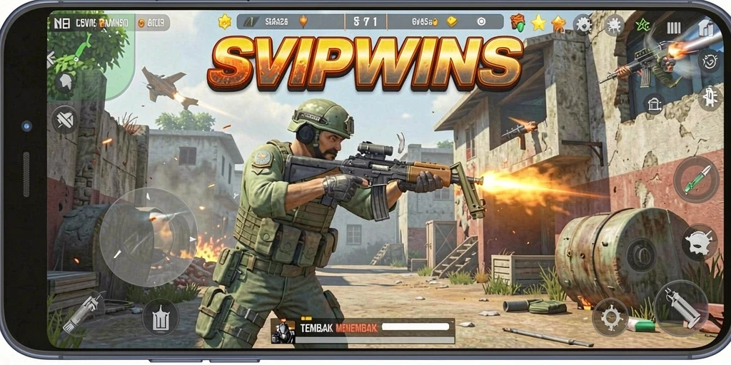 Screenshot gameplay SVIPWINS menampilkan aksi tembak-menembak yang intens.